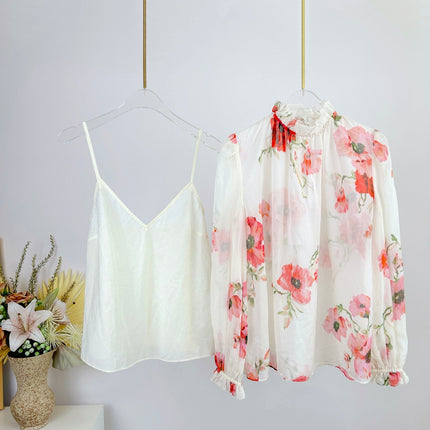 LONG-SLEEVE FLORAL PRINT CHIFFON TOP