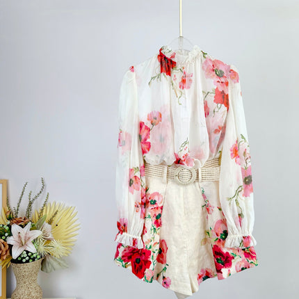 LONG-SLEEVE FLORAL PRINT CHIFFON TOP