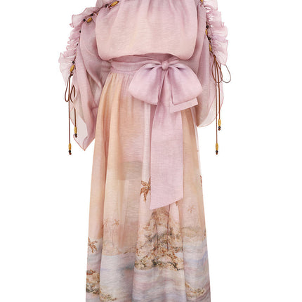 ZIMMER SILK MIDI DRESS IN PASTEL BLUE-GREEN AND LIGHT PURPLE