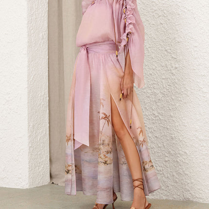 ZIMMER SILK MIDI DRESS IN PASTEL BLUE-GREEN AND LIGHT PURPLE