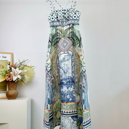 CAMILLA PRINTED SILK STRAP MAXI DRESS 270274