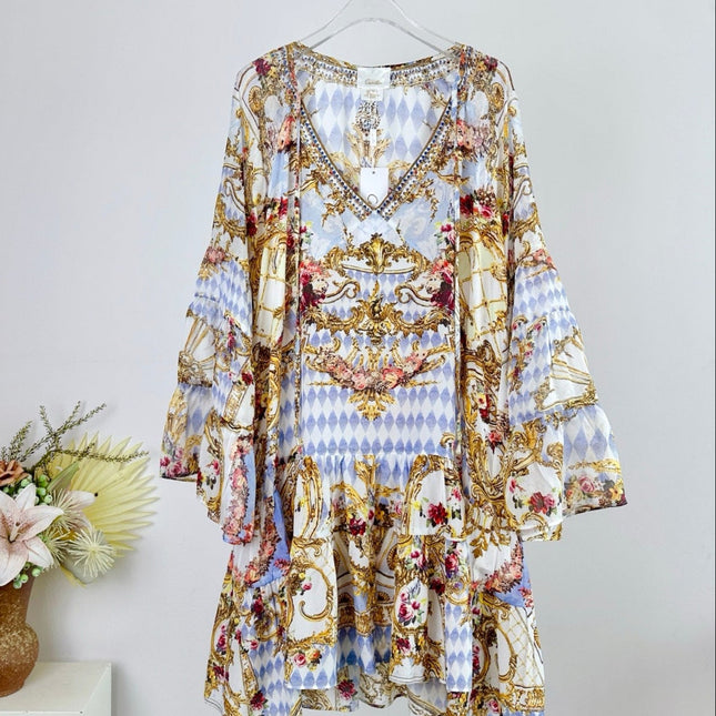 CAMILLA V-NECK TRUMPET-SLEEVE MINI DRESS 270284