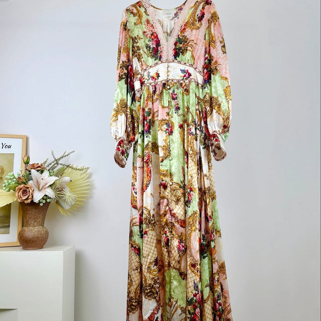 CAMILLA PRINTED SILK V-NECK MAXI DRESS 270290