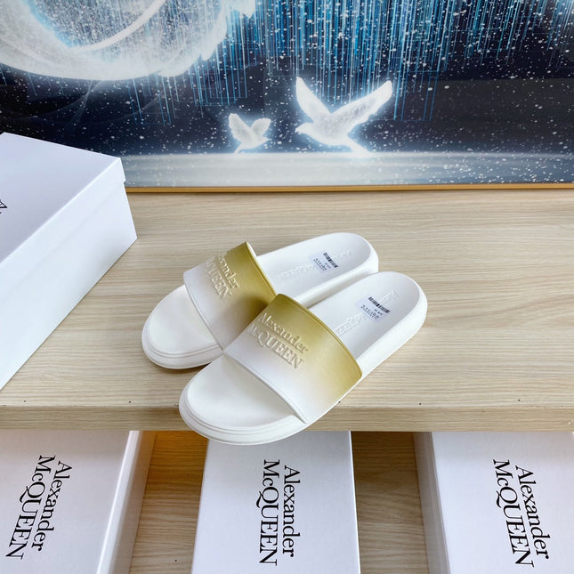 SLIDES SANDAL IN WHITE TPU LIGHT GOLD OMBRE TO WHITE STRAP EMBOSSED LOGO