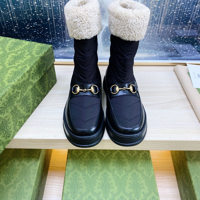 HORSEBIT ANKLE BOOTS WITH MERINO TRIM IN BLACK NYLON MIX CALFSKIN