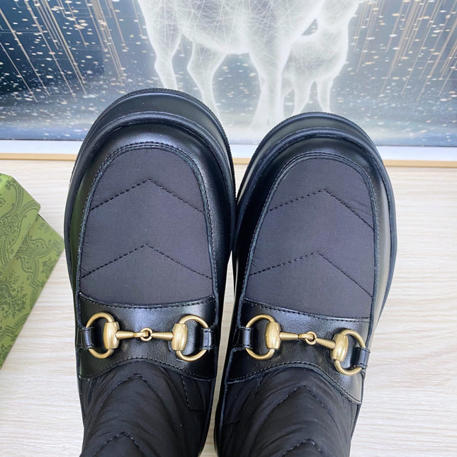 HORSEBIT ANKLE BOOTS WITH MERINO TRIM IN BLACK NYLON MIX CALFSKIN