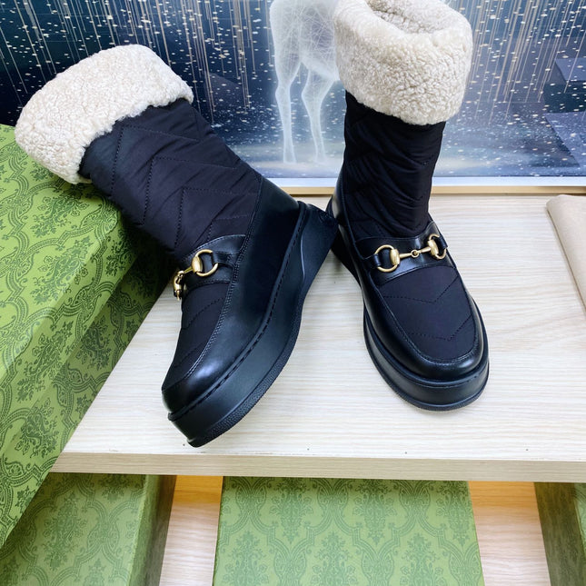 HORSEBIT ANKLE BOOTS WITH MERINO TRIM IN BLACK NYLON MIX CALFSKIN