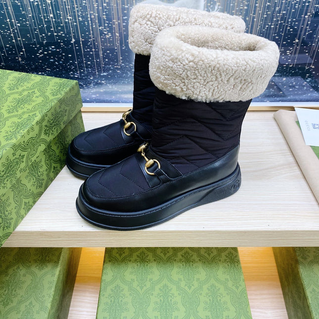 HORSEBIT ANKLE BOOTS WITH MERINO TRIM IN BLACK NYLON MIX CALFSKIN