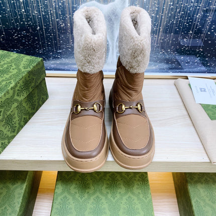 HORSEBIT ANKLE BOOTS WITH MERINO TRIM IN BROWN NYLON MIX CALFSKIN