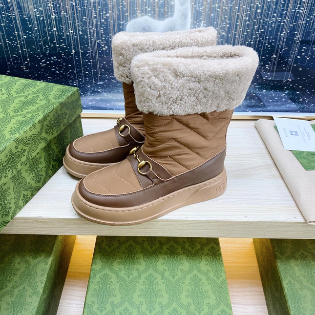 HORSEBIT ANKLE BOOTS WITH MERINO TRIM IN BROWN NYLON MIX CALFSKIN