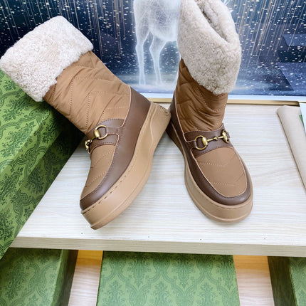 HORSEBIT ANKLE BOOTS WITH MERINO TRIM IN BROWN NYLON MIX CALFSKIN