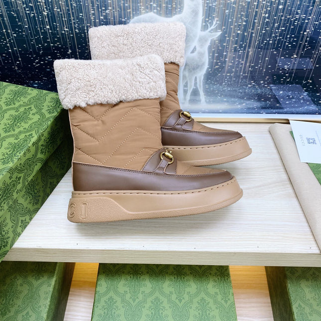 HORSEBIT ANKLE BOOTS WITH MERINO TRIM IN BROWN NYLON MIX CALFSKIN