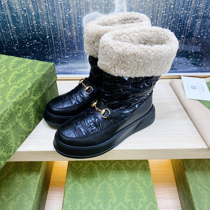 HORSEBIT ANKLE BOOTS WITH MERINO TRIM IN BLACK EMBOSSED CALFSKIN