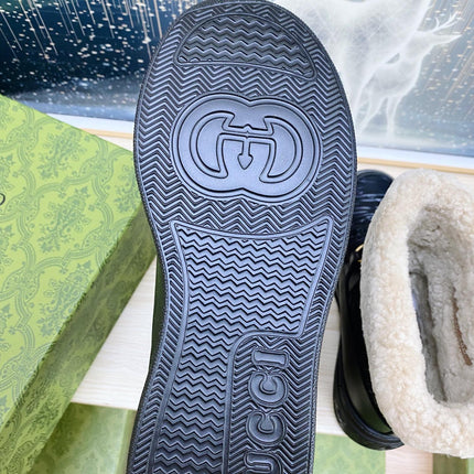 HORSEBIT ANKLE BOOTS WITH MERINO TRIM IN BLACK EMBOSSED CALFSKIN