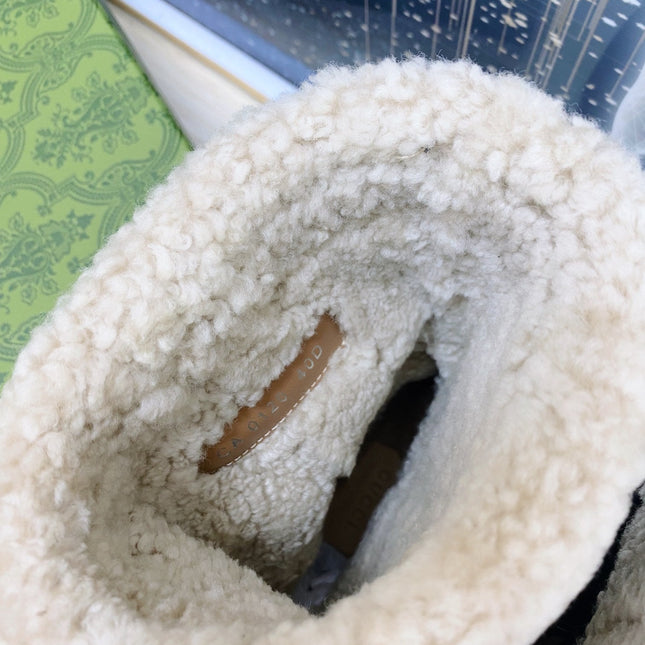 HORSEBIT ANKLE BOOTS WITH MERINO TRIM IN BLACK EMBOSSED CALFSKIN