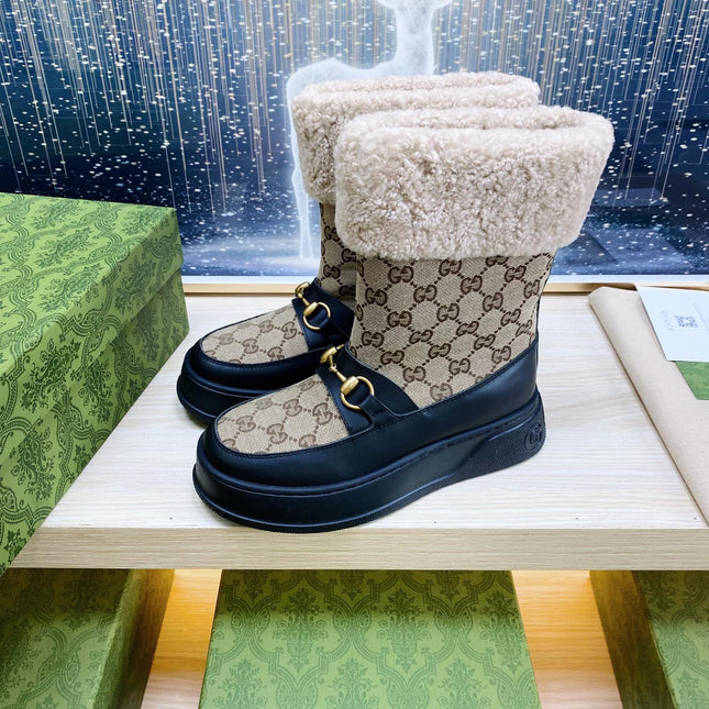 HORSEBIT ANKLE BOOTS WITH MERINO TRIM IN BEIGE JACQUARD FABRIC MIX BLACK CALFSKIN