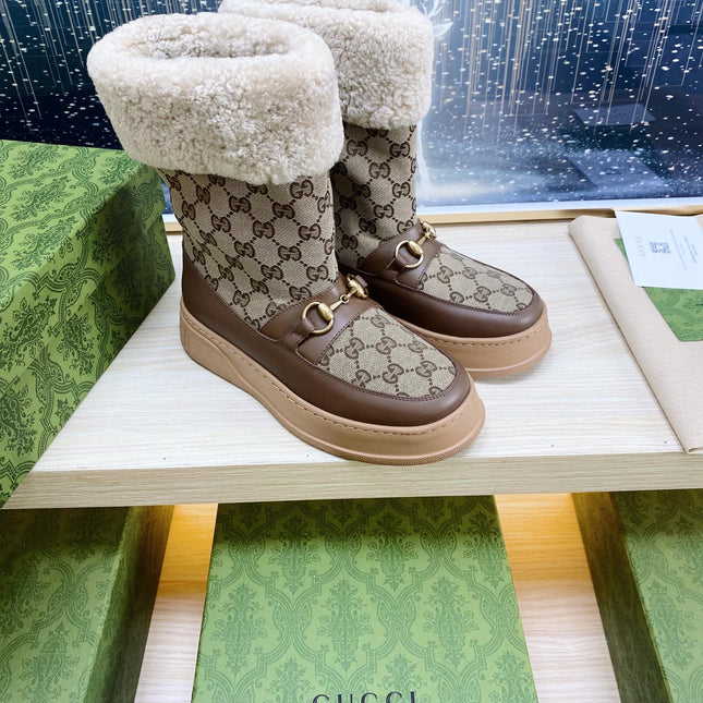 HORSEBIT ANKLE BOOTS WITH MERINO TRIM IN BEIGE JACQUARD FABRIC MIX BROWN CALFSKIN