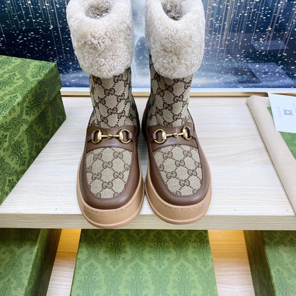 HORSEBIT ANKLE BOOTS WITH MERINO TRIM IN BEIGE JACQUARD FABRIC MIX BROWN CALFSKIN