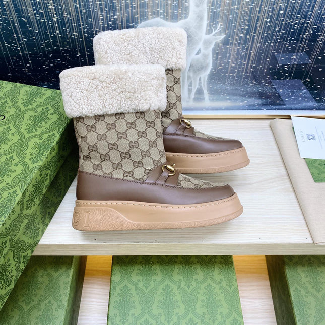 HORSEBIT ANKLE BOOTS WITH MERINO TRIM IN BEIGE JACQUARD FABRIC MIX BROWN CALFSKIN