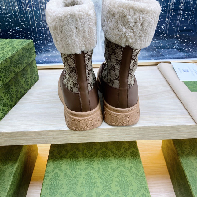 HORSEBIT ANKLE BOOTS WITH MERINO TRIM IN BEIGE JACQUARD FABRIC MIX BROWN CALFSKIN