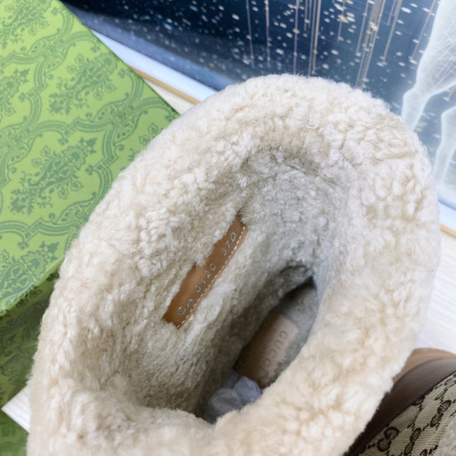 HORSEBIT ANKLE BOOTS WITH MERINO TRIM IN BEIGE JACQUARD FABRIC MIX BROWN CALFSKIN