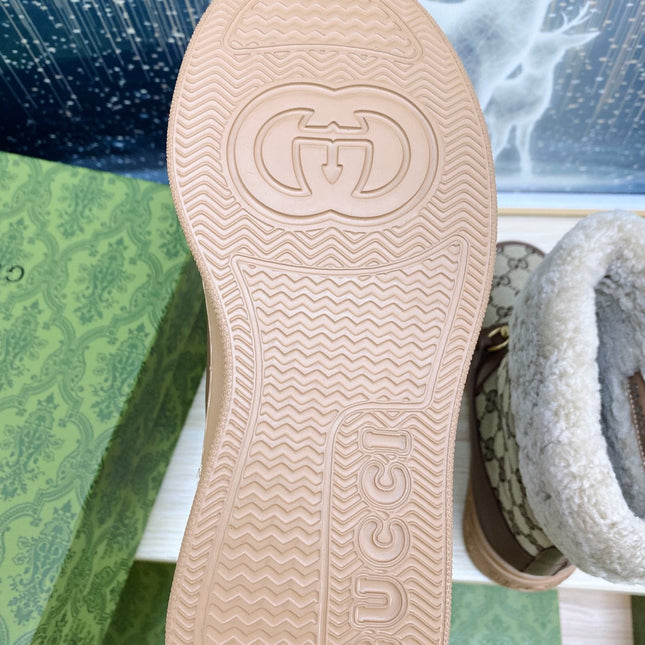 HORSEBIT ANKLE BOOTS WITH MERINO TRIM IN BEIGE JACQUARD FABRIC MIX BROWN CALFSKIN