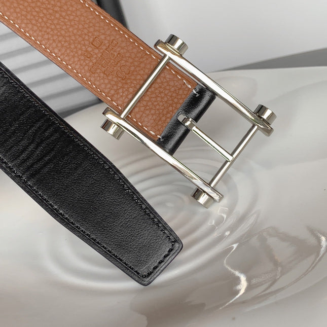 HM REVERSIBLE BLACK AND BRONZE BROWN LEATHER STRAP 32 MM SILVER HARDWARE