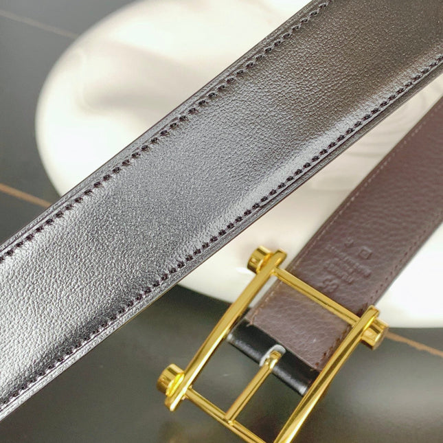 HM REVERSIBLE BLACK AND CHESTNUT BROWN LEATHER STRAP 32 MM GOLD HARDWARE