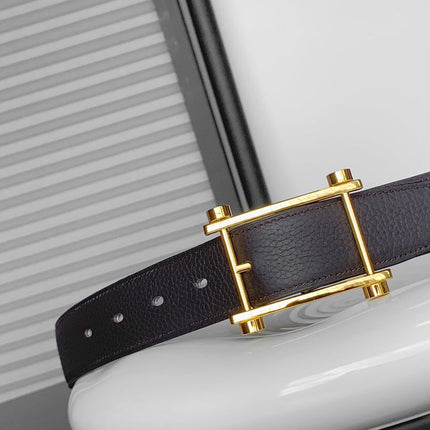 HM REVERSIBLE BLACK AND CHESTNUT BROWN LEATHER STRAP 32 MM GOLD HARDWARE