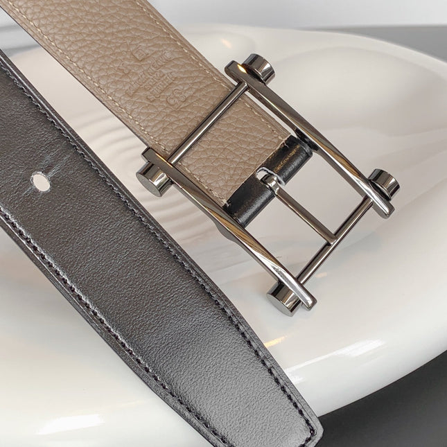 HM REVERSIBLE BLACK AND CAMEL BROWN LEATHER STRAP 32 MM SILVER HARDWARE