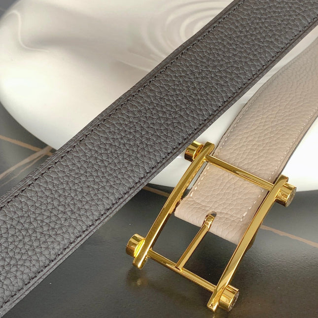 HM REVERSIBLE BLACK AND BLACK AND KHAKI BROWN LEATHER STRAP 32 MM GOLD HARDWARE