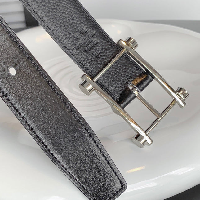 HM REVERSIBLE BLACK LEATHER STRAP 32 MM SILVER HARDWARE