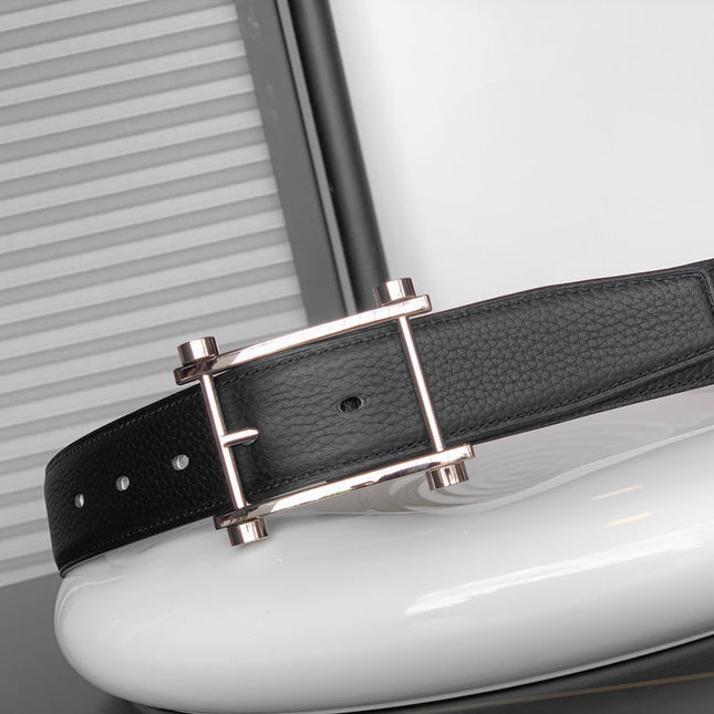 HM REVERSIBLE BLACK LEATHER STRAP 32 MM SILVER HARDWARE