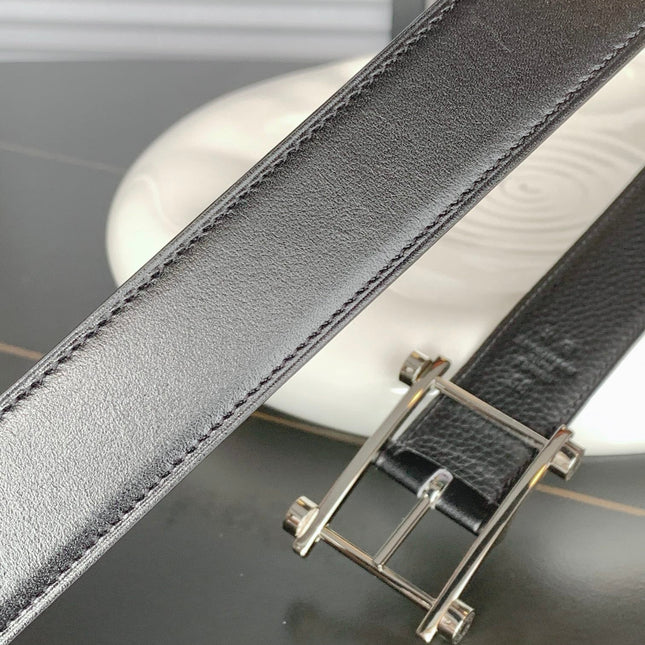 HM REVERSIBLE BLACK LEATHER STRAP 32 MM SILVER HARDWARE