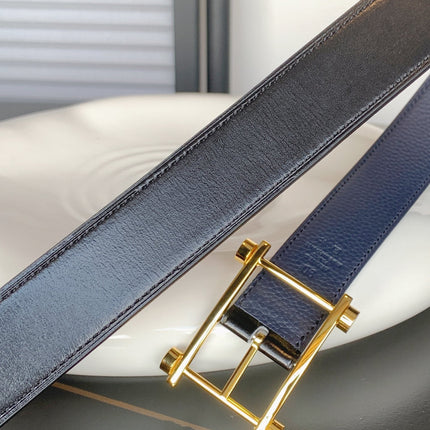 HM REVERSIBLE NAVY BLUE LEATHER STRAP 32 MM GOLD HARDWARE