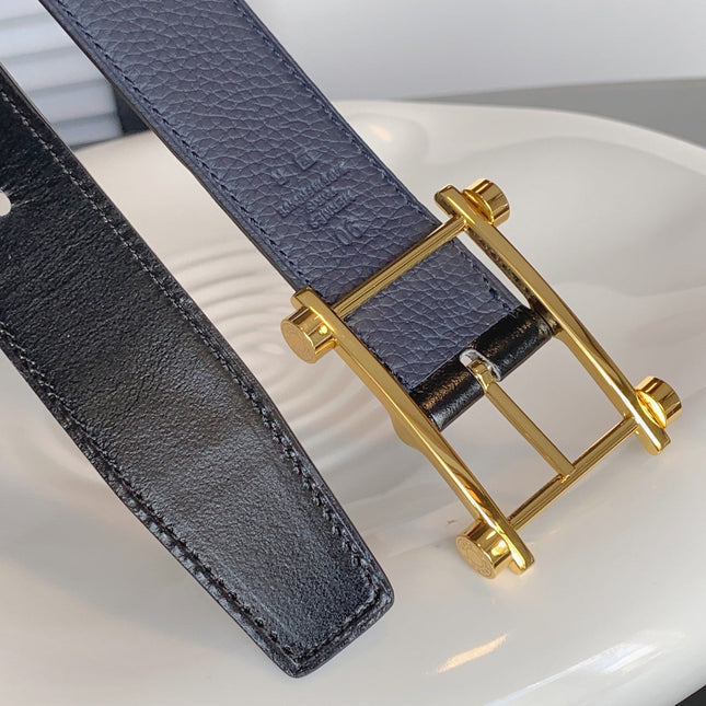 HM REVERSIBLE NAVY BLUE LEATHER STRAP 32 MM GOLD HARDWARE