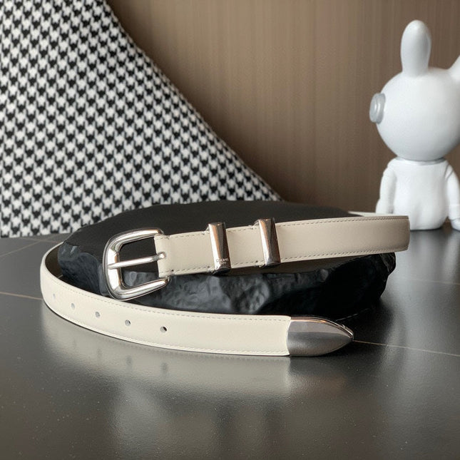 BELT 25MM MEDIUM WESTERN IN IVORY CALFSKIN SILVER GREY BUCKLE