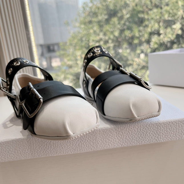 PUNK BALLET FLAT IN WHITE MIX BLACK SUPPLE CALFSKIN