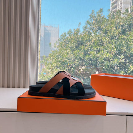 KAZIMIR SANDAL IN BRONZE BROWN CALFSKIN AND BLACK SUEDE