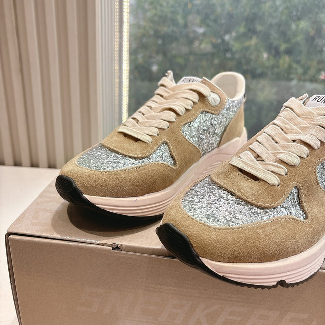 RUNNING SOLE SNEAKERS IN SILVER GLITTER AND PECAN PIE SUEDE BLACK CALFSKIN STAR