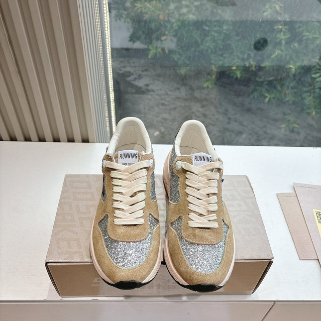 RUNNING SOLE SNEAKERS IN SILVER GLITTER AND PECAN PIE SUEDE BLACK CALFSKIN STAR