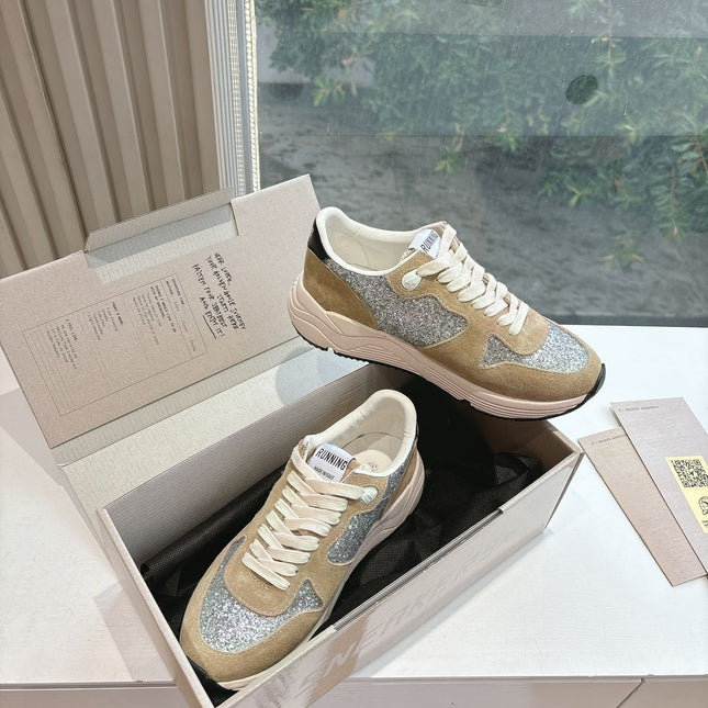 RUNNING SOLE SNEAKERS IN SILVER GLITTER AND PECAN PIE SUEDE BLACK CALFSKIN STAR