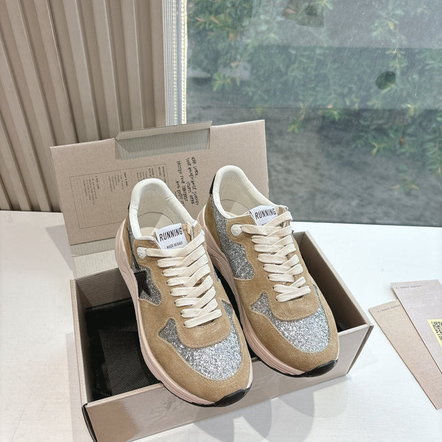 RUNNING SOLE SNEAKERS IN SILVER GLITTER AND PECAN PIE SUEDE BLACK CALFSKIN STAR