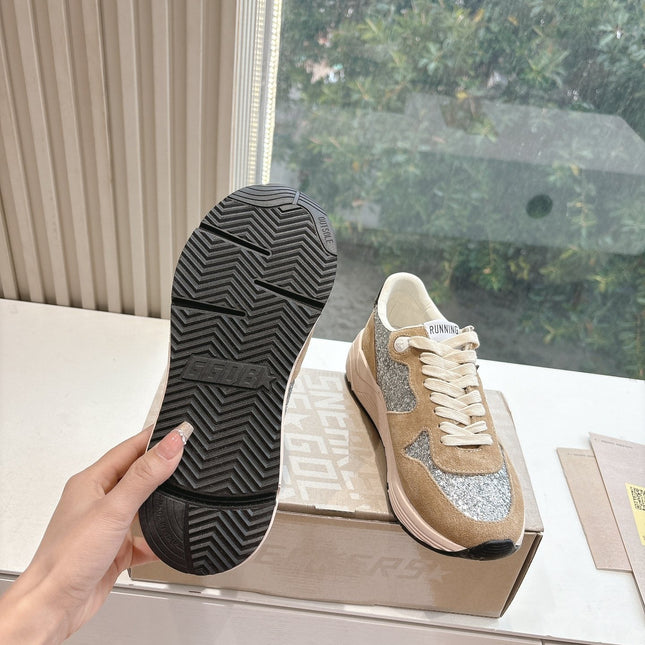 RUNNING SOLE SNEAKERS IN SILVER GLITTER AND PECAN PIE SUEDE BLACK CALFSKIN STAR