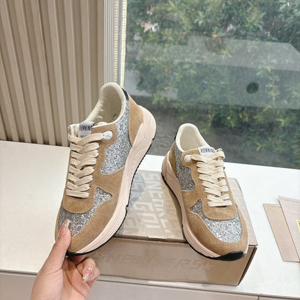 RUNNING SOLE SNEAKERS IN SILVER GLITTER AND PECAN PIE SUEDE BLACK CALFSKIN STAR