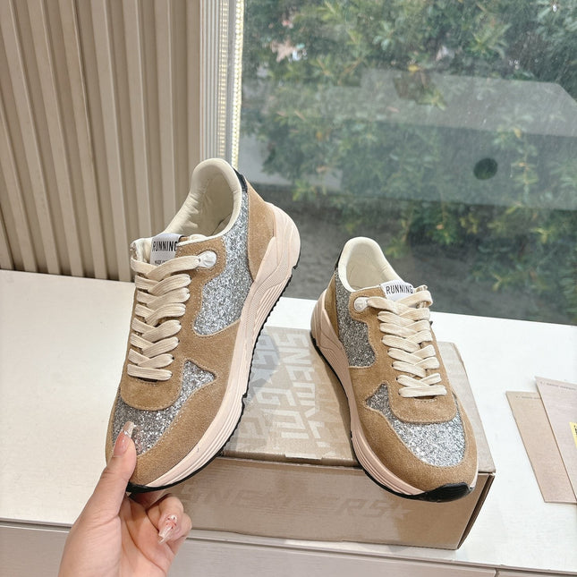 RUNNING SOLE SNEAKERS IN SILVER GLITTER AND PECAN PIE SUEDE BLACK CALFSKIN STAR