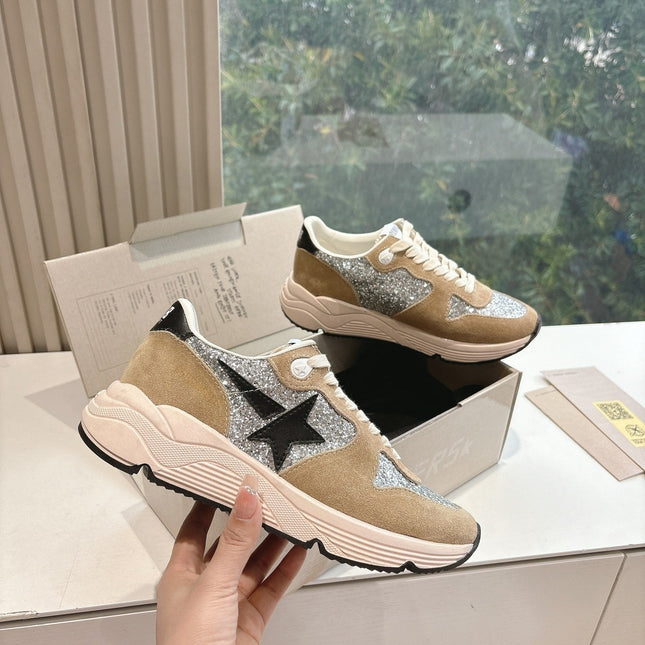 RUNNING SOLE SNEAKERS IN SILVER GLITTER AND PECAN PIE SUEDE BLACK CALFSKIN STAR