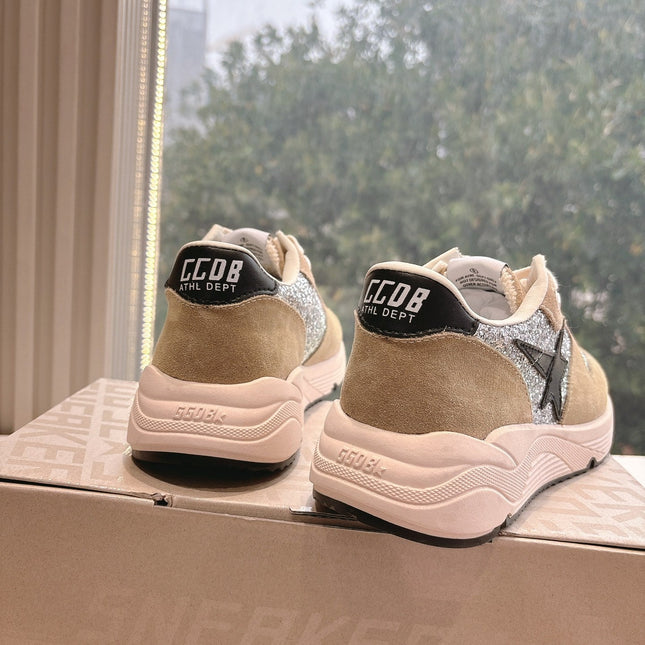 RUNNING SOLE SNEAKERS IN SILVER GLITTER AND PECAN PIE SUEDE BLACK CALFSKIN STAR