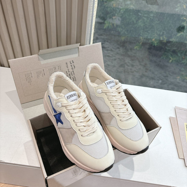 RUNNING SOLE SNEAKERS IN WHITE MESH, BEIGE SUEDE AND CALFSKIN WITH BLUE STAR