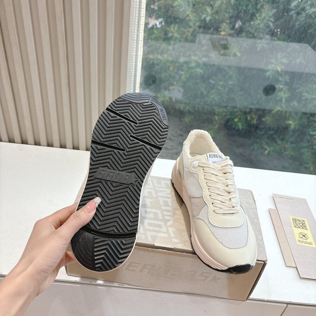 RUNNING SOLE SNEAKERS IN WHITE MESH, BEIGE SUEDE AND CALFSKIN WITH BLUE STAR